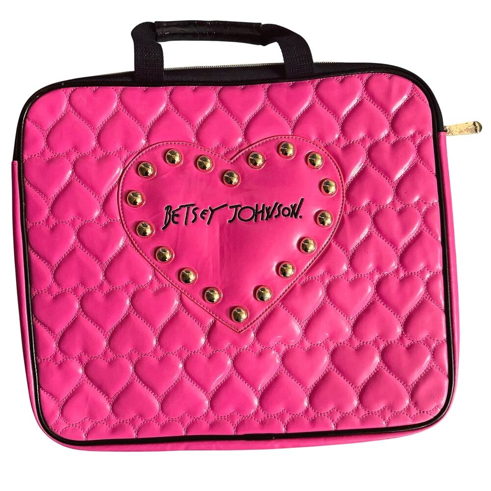 Betsey Johnson Quilted Hot Pink Hearts Laptop Sleeve Travel Case Handbag Y2K